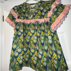 Entro Green Floral Blouse With Pink / Blue Accents With Crochet Scalloped Detail